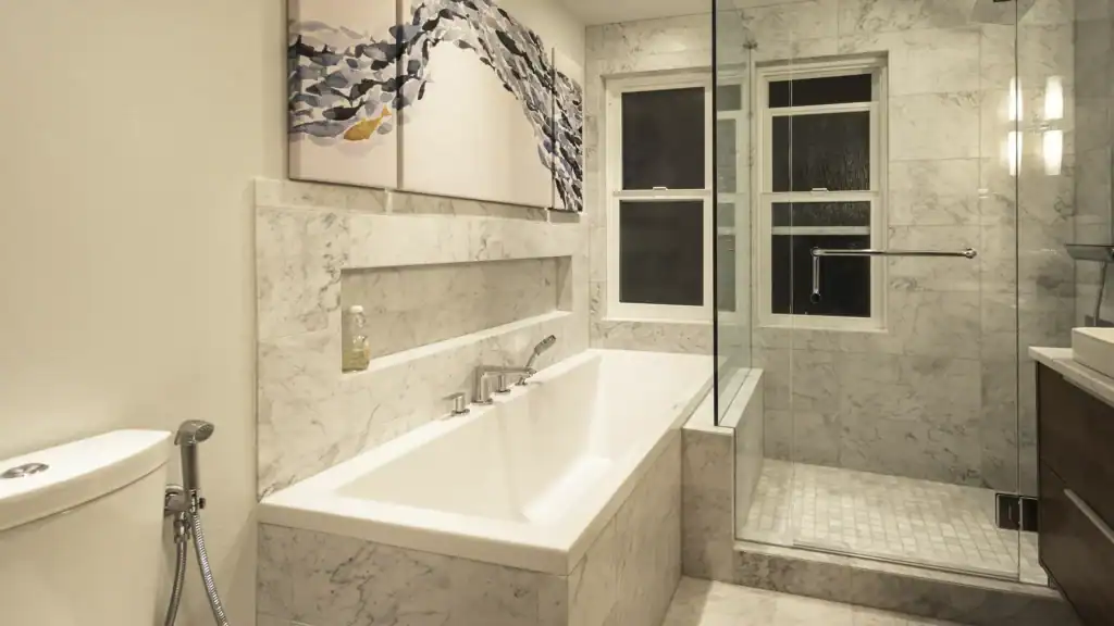 Luxury marble bathroom with soaker tub and walk-in shower
