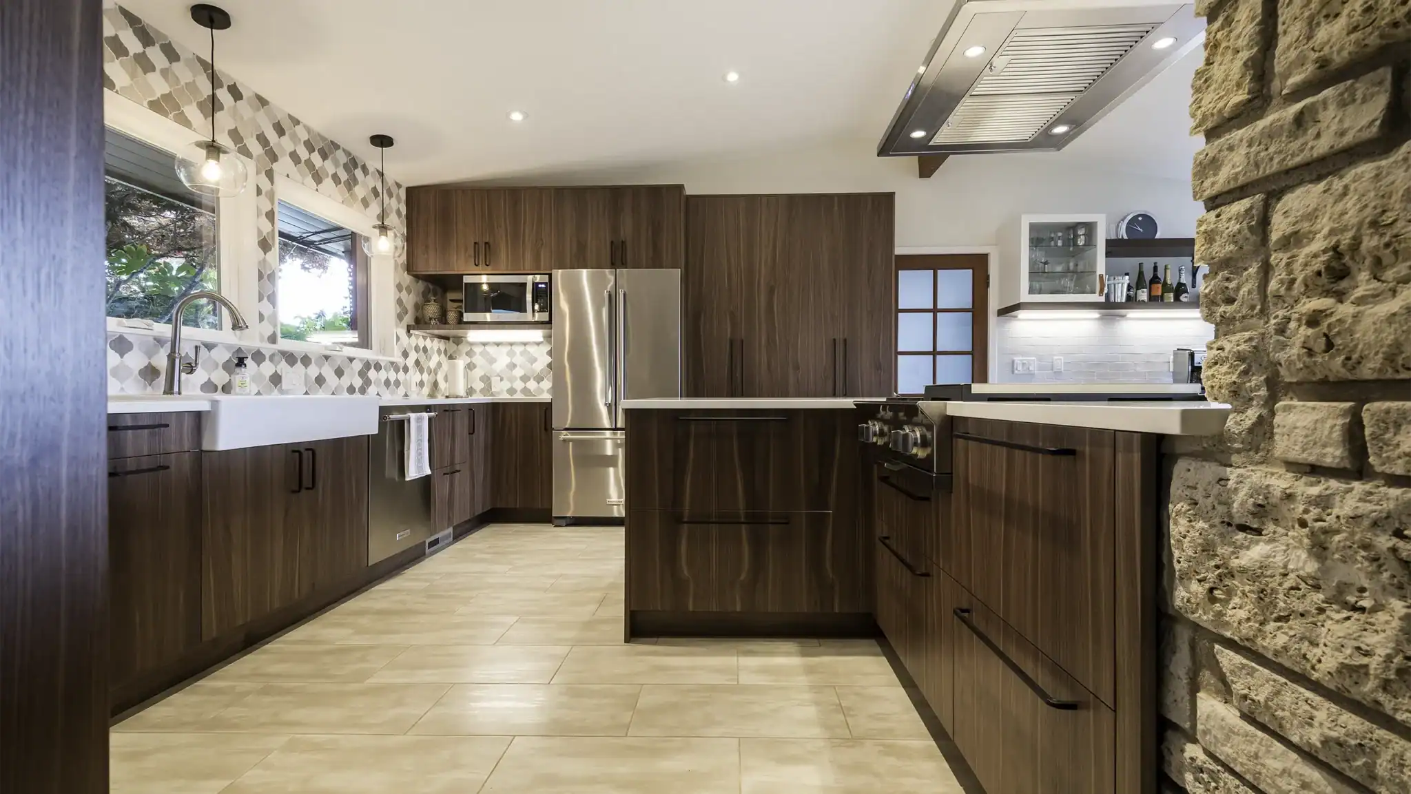 Normandy Park kitchen with dark walnut cabinets and farmhouse sink