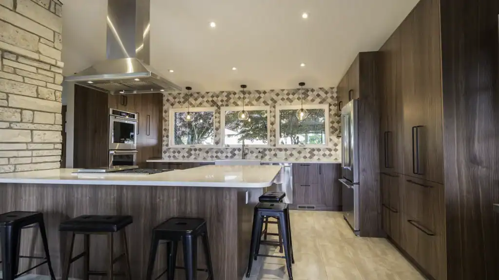 Transitional modern kitchen with rustic accents and rich walnut cabinets
