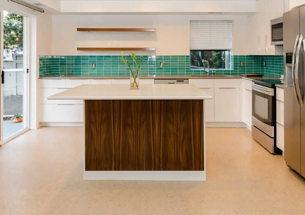 Custom IKEA cabinet doors with walnut and high-gloss white