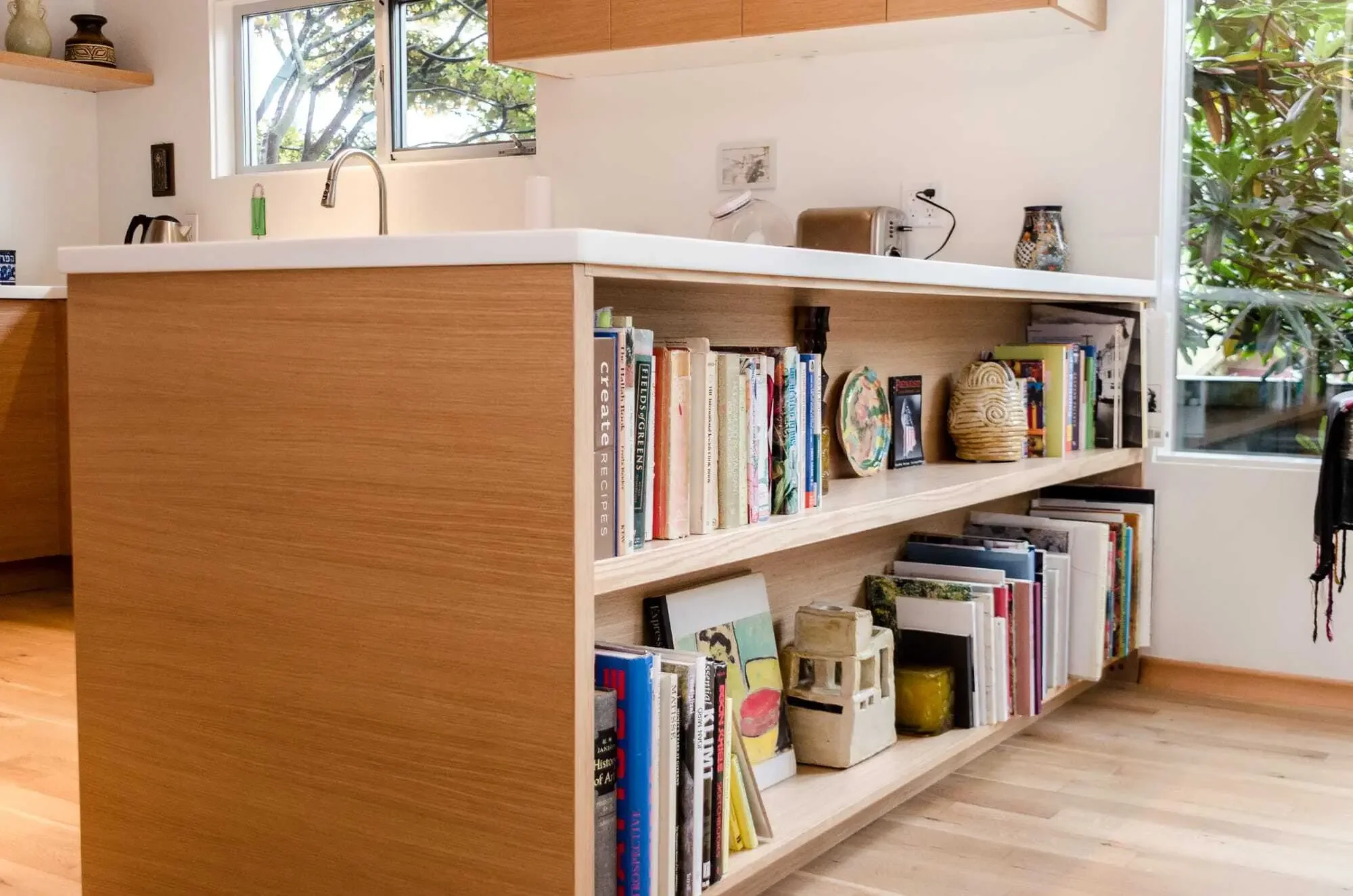 Custom open shelving on back of Island