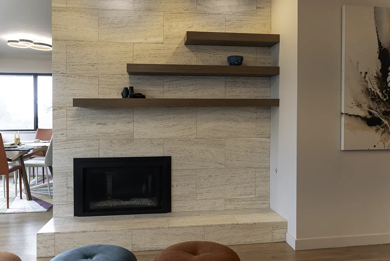 Travertine tile feature wall fireplace surround