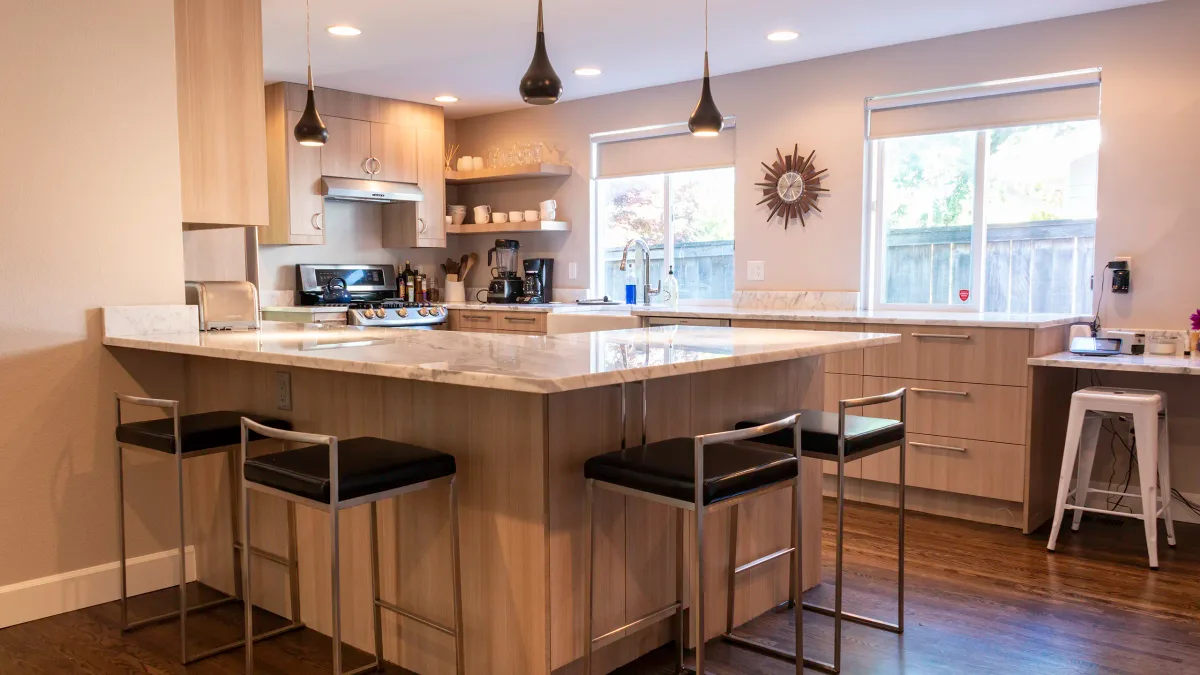 Finished Seattle kitchen remodel with quartz countertops and custom cabinetry