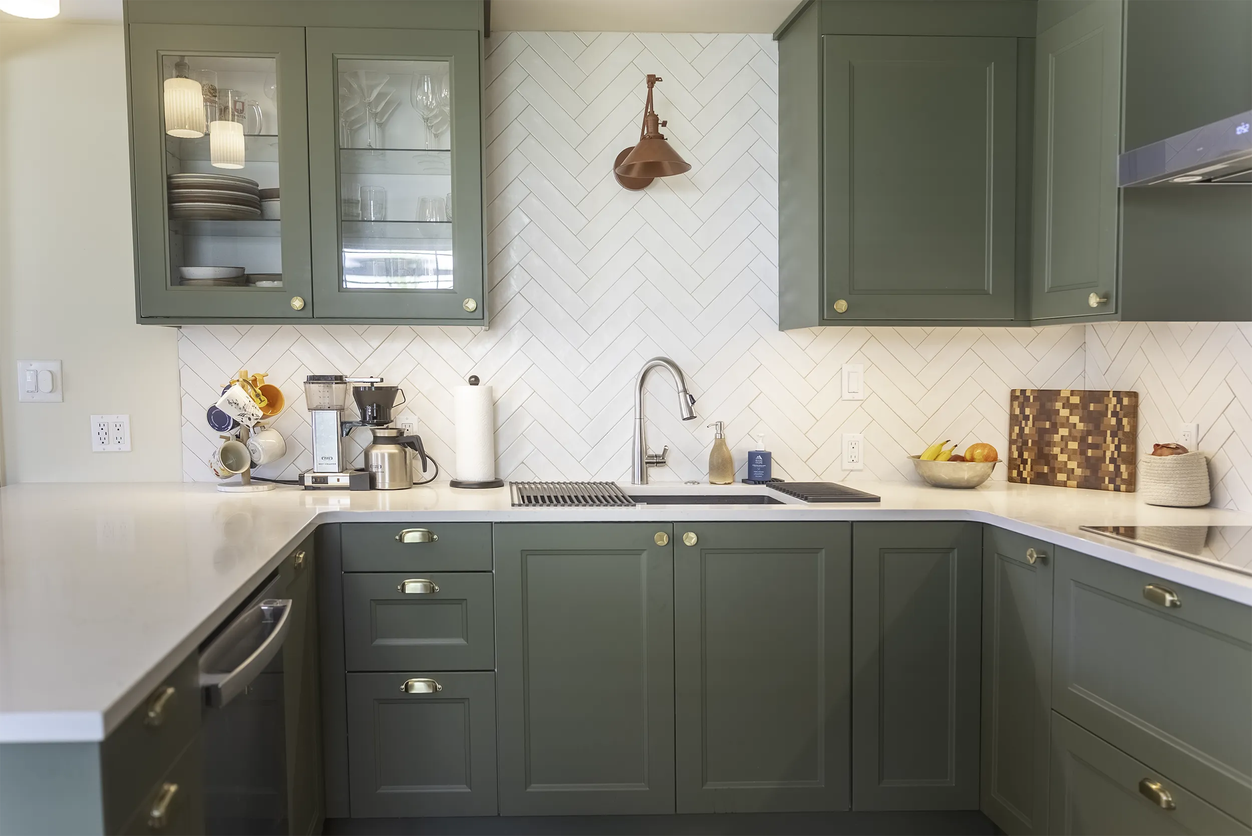 West Seattle kitchen remodel with AXSTAD green kitchen cabinets and white quartz countertops